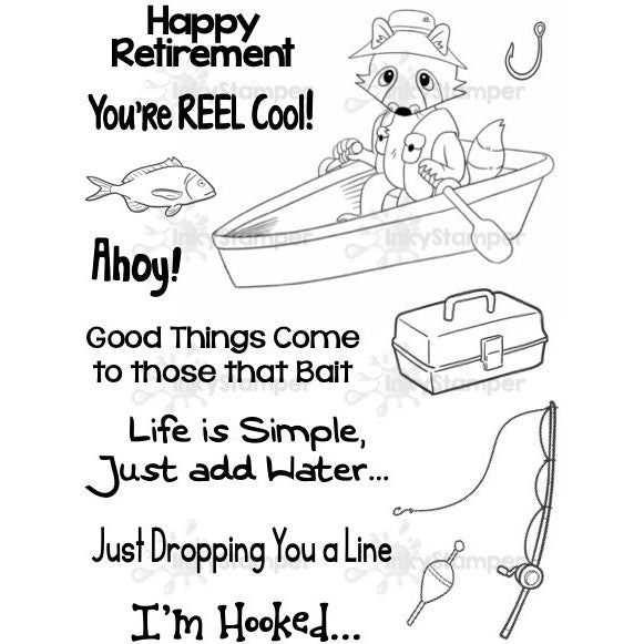 InkyStamper stamp set cartoon fox in a boat with fishing elements and humorous text on a white background