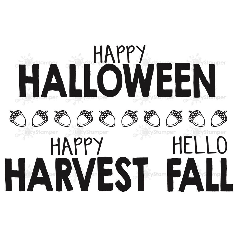 InkyStamper stamp set Text graphics for Halloween, Harvest, and Fall on a white background
