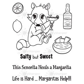 InkyStamper stamp set Cartoon raccoon with a cocktail and margarita ingredients, with text 'Salty but Sweet, This Senorita Needs a Margarita, Life is Hard