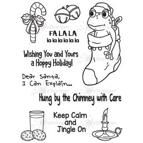 InkyStamper stamp set Black and white Christmas-themed stocking graphic with text and illustrations on a white background freddy frog