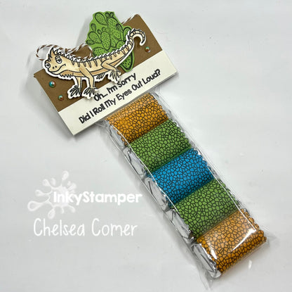 southwest iguana treats using  Scallop Candy Wrapper die by InkyStamper