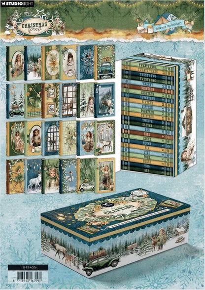 Decorative Christmas box with illustrated scenes and bookshelf design on a blue background