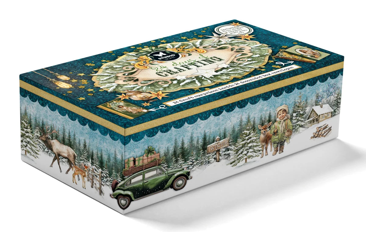 Studio Light Advent Calendar. 24 days of Crafting. Decorative box with winter scene design featuring a car, reindeer, and people. 2026