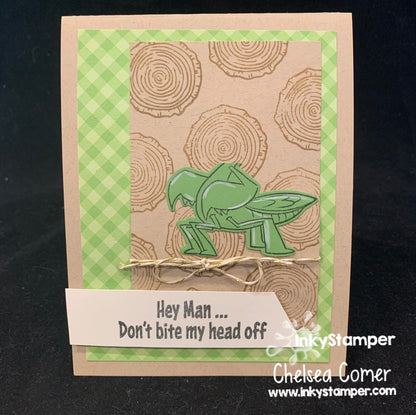 "head popping" off card  using Praying Mantis stamps by InkyStamper