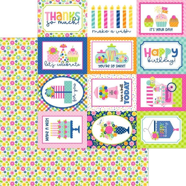 A sheet of colorful party-themed paper cutouts or stickers with birthday and celebration designs, including cupcakes, candles, flowers, and phrases like 'Thanks so much!', 'Happy birthday!', and 'Make a wish'.