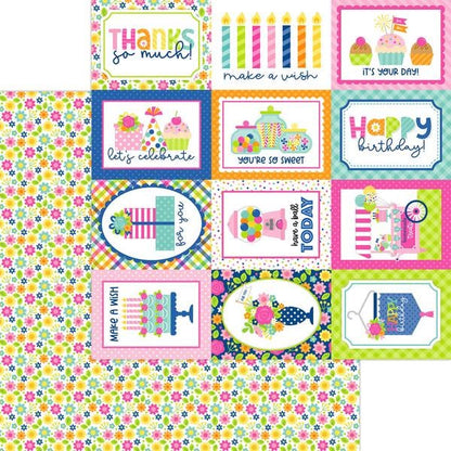 A sheet of colorful party-themed paper cutouts or stickers with birthday and celebration designs, including cupcakes, candles, flowers, and phrases like 'Thanks so much!', 'Happy birthday!', and 'Make a wish'.