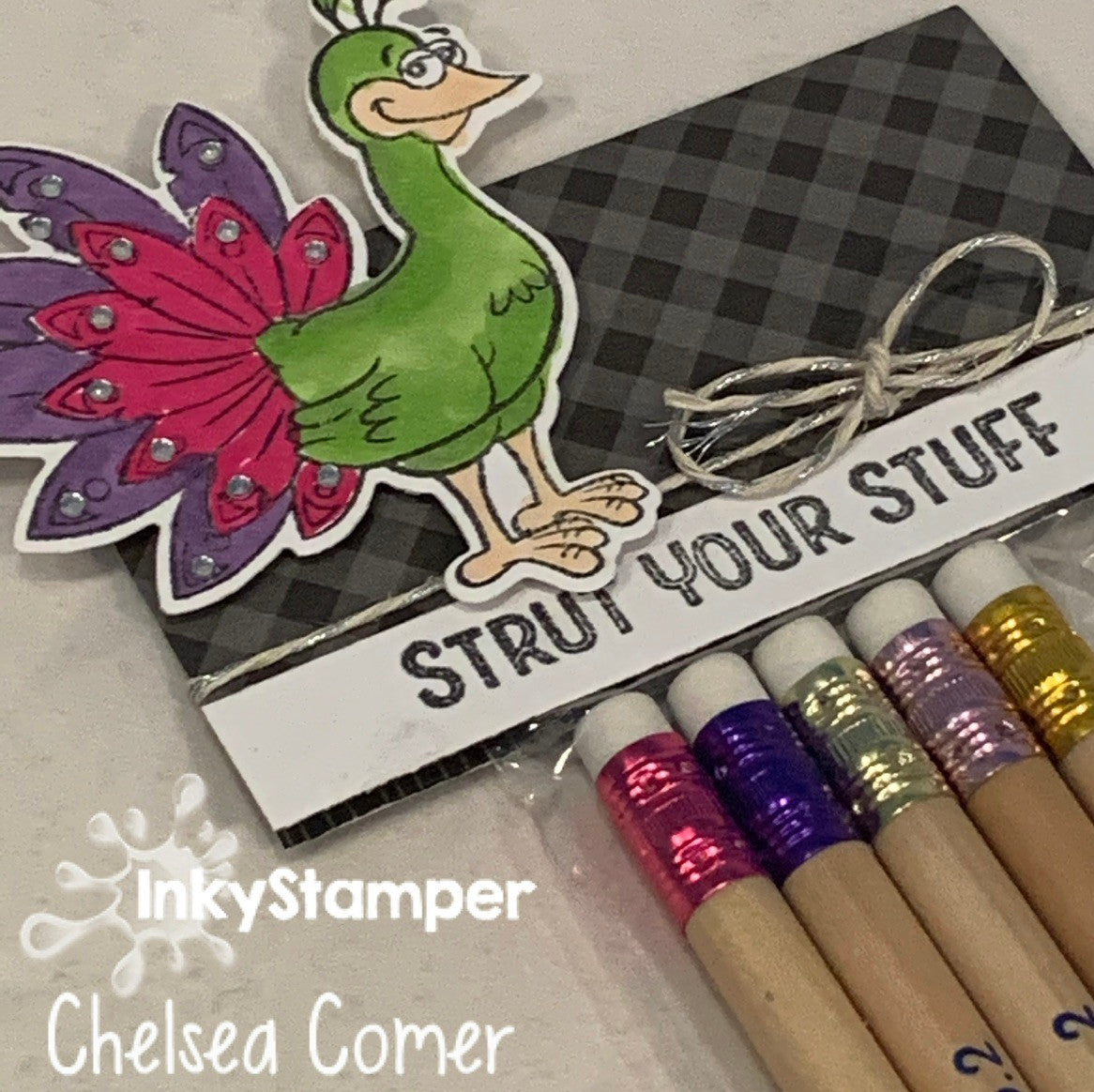fun giftie of pencils with a peacock topper made with Peacock stamps by InkyStamper