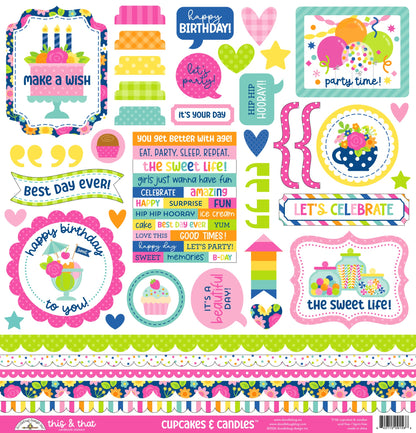 A sheet of colorful birthday-themed craft stickers or decals with multiple decorative elements including banners, hearts, stars, cupcakes, balloons, and celebratory phrases on a white background.