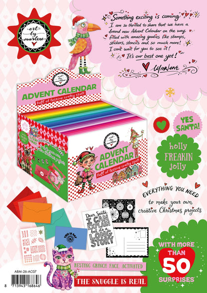 Advent calendar packaging with colorful design and text on a pink background