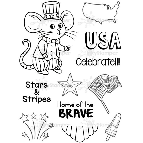InkyStamper stamp Set of black and white patriotic illustrations including a mouse, stars, an American flag, and text. americana
