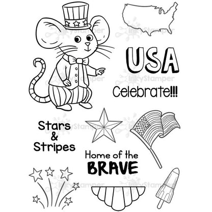 InkyStamper stamp Set of black and white patriotic illustrations including a mouse, stars, an American flag, and text. americana