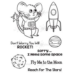 InkyStamper stamp Cartoon mouse in astronaut suit with space-themed text and graphics on a white background