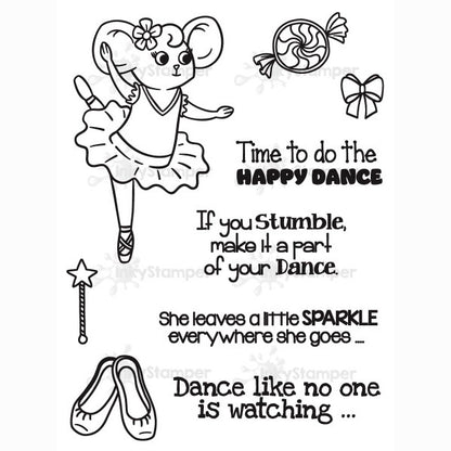 InkyStamper stamp Black and white illustration of a ballerina mouse with dance themed text and items on a white background. Rosie