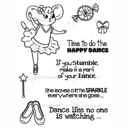 InkyStamper stamp Black and white illustration of a ballerina mouse with dance themed text and items on a white background. Rosie
