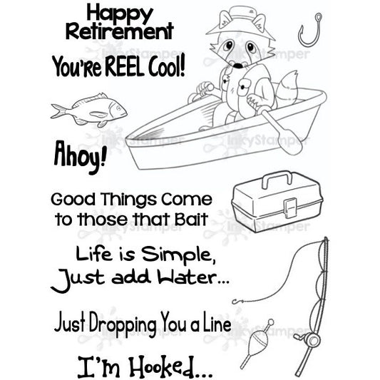 InkyStamper stamp set cartoon fox in a boat with fishing elements and humorous text on a white background