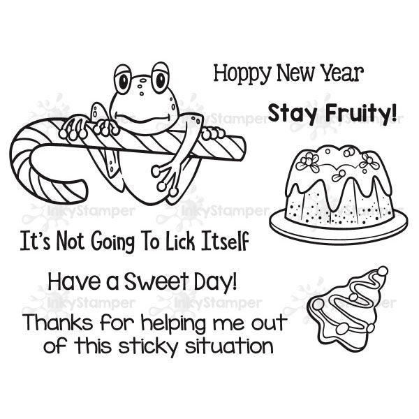 InkyStamper stamp set Black and white illustration with a frog, cake, and text on a white background candy cane