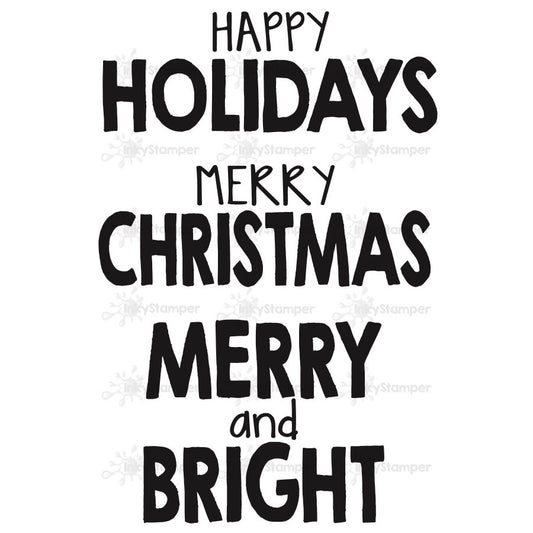 InkyStamper stamp Black text on a white background with 'Happy Holidays', 'Merry Christmas', and 'Merry and Bright' phrases.