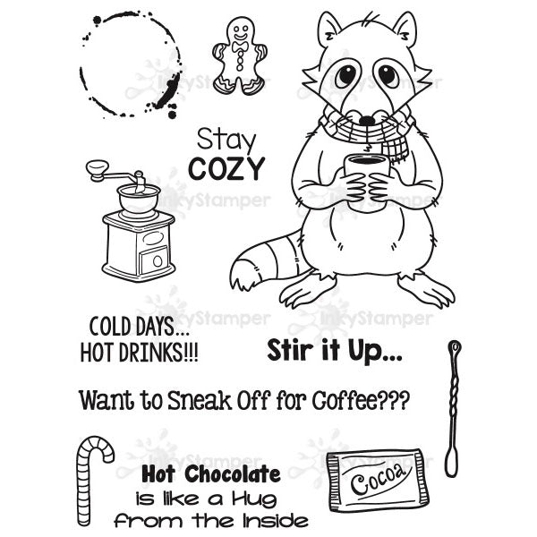 InkyStamper Clear stamp set with a raccoon holding a mug, coffee grinder, and text about hot drinks on a white background.