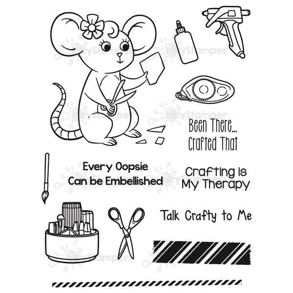 InkyStamper stamp Set of black and white crafting-themed stamps with a mouse, scissors, and other tools on a white background.