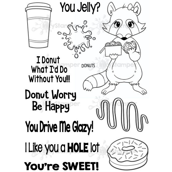InkyStamper stamp Cartoon raccoon with donuts and humorous text on a white background