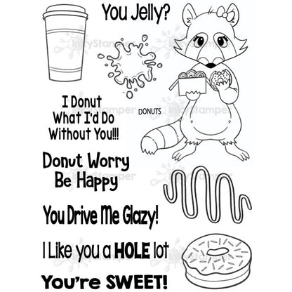 InkyStamper stamp Cartoon raccoon with donuts and humorous text on a white background