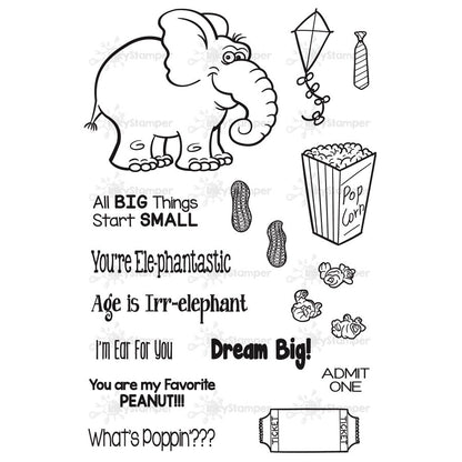 Inkystamper Clear stamp set with various elements including an elephant, popcorn, peanuts, and text phrases on a white background.