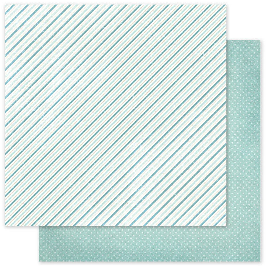 Two square sheets of patterned paper shown overlapping on a white background. The top sheet has thin diagonal stripes in aqua blue on a white base, and the bottom sheet has small white dots on a pale aqua blue background.