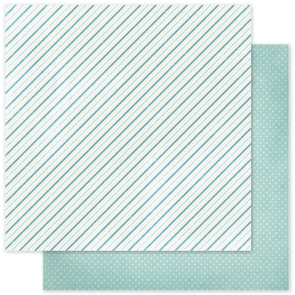 Two square sheets of patterned paper shown overlapping on a white background. The top sheet has thin diagonal stripes in aqua blue on a white base, and the bottom sheet has small white dots on a pale aqua blue background.