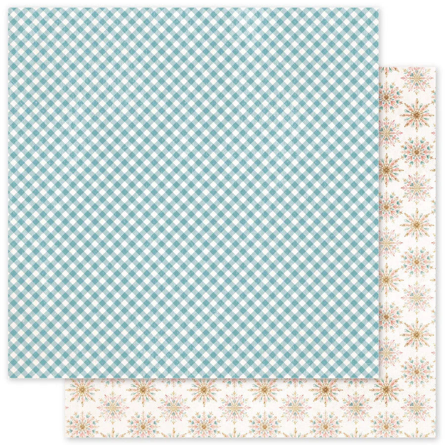 Two patterned paper sheets stacked slightly offset, with the top sheet showing a light blue and white gingham check pattern and the bottom sheet showing a white background with small pastel floral/starburst motifs.