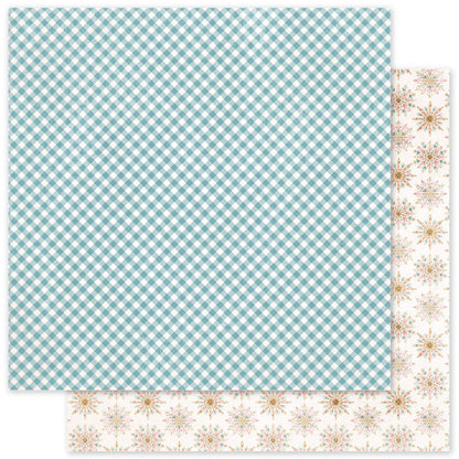 Two patterned paper sheets stacked slightly offset, with the top sheet showing a light blue and white gingham check pattern and the bottom sheet showing a white background with small pastel floral/starburst motifs.