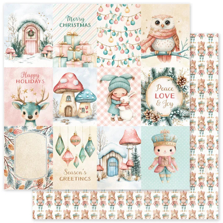 Paper Rose Fairytale Christmas Cardstock - A sheet of double-sided scrapbooking paper featuring a collection of Christmas-themed watercolor illustrations, including an owl, deer, mushrooms, ornaments, and a nutcracker pattern on the reverse side.