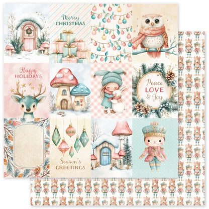 Paper Rose Fairytale Christmas Cardstock - A sheet of double-sided scrapbooking paper featuring a collection of Christmas-themed watercolor illustrations, including an owl, deer, mushrooms, ornaments, and a nutcracker pattern on the reverse side.