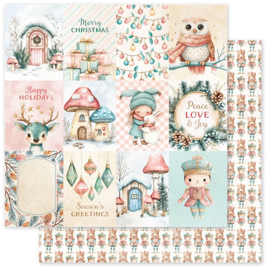 Paper Rose Fairytale Christmas Cardstock - A sheet of double-sided scrapbooking paper featuring a collection of Christmas-themed watercolor illustrations, including an owl, deer, mushrooms, ornaments, and a nutcracker pattern on the reverse side.