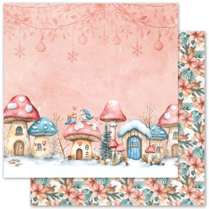 Fantasy mushroom houses on a pink background with floral border