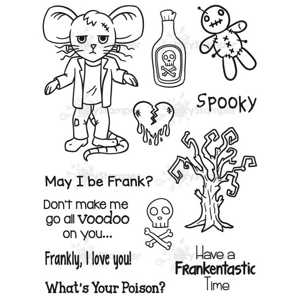 InkyStamper stamp set Halloween-themed rubber stamps with text and illustrations on a white background Frankenstein