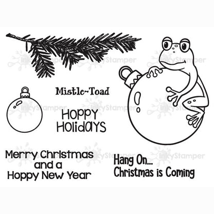InkyStamper stamp Black and white Christmas themed stamps with a frog, ornament, bauble, and pine branch on a white background
