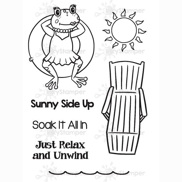 InkyStamper stamp Black and white illustration of a frog, sun, lounge chair, and text 'Sunny Side Up, Soak It All In, Just Relax and Unwind' on a white background. Freddy