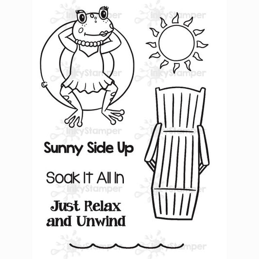 InkyStamper stamp Black and white illustration of a frog, sun, lounge chair, and text 'Sunny Side Up, Soak It All In, Just Relax and Unwind' on a white background. Freddy