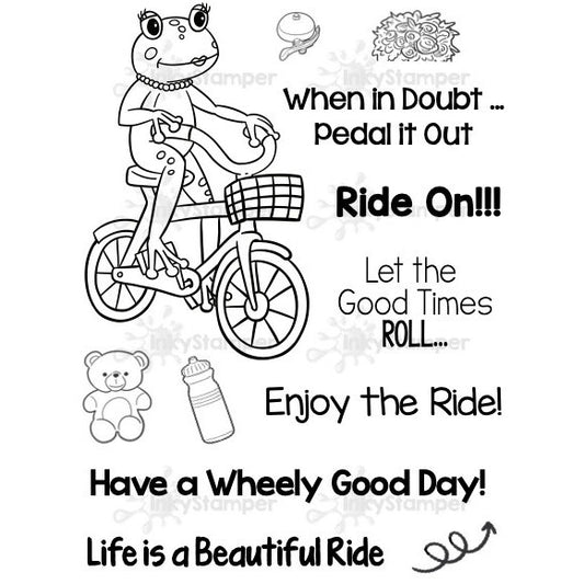 InkyStamper stamp set Cartoon frog on a bicycle with motivational text and graphics.