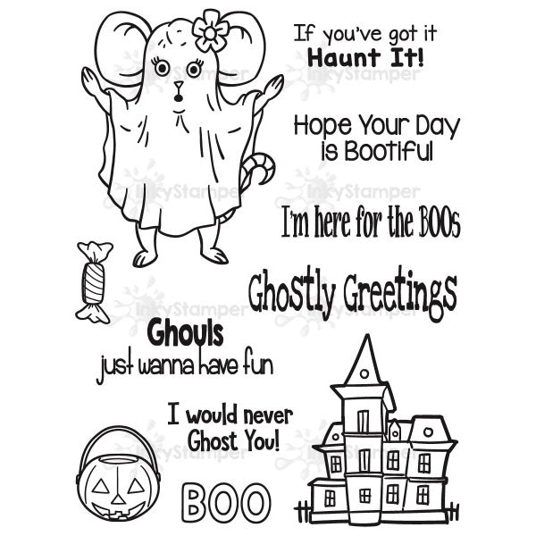 InkyStamper stamp set Halloween-themed clear stamps with graphics and text on a white background
