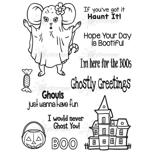 InkyStamper stamp set Halloween-themed clear stamps with graphics and text on a white background