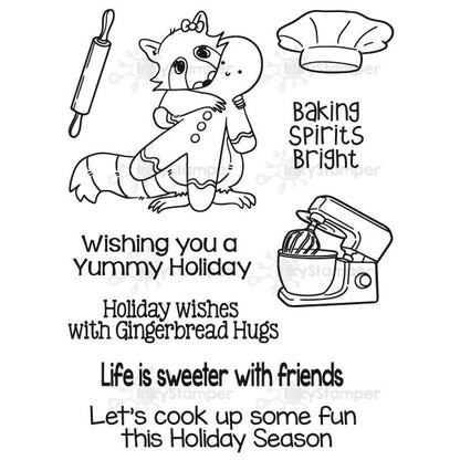 InkyStamper stamp setBlack and white illustration with a raccoon character, baking-themed text, and kitchen items on a white background.
