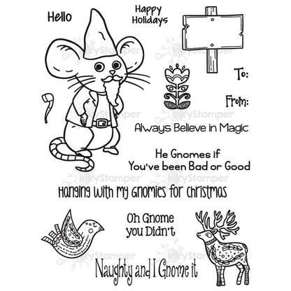 InkyStamper stamp Set of Christmas-themed stamps with a gnome, reindeer, and other elements on a white background.