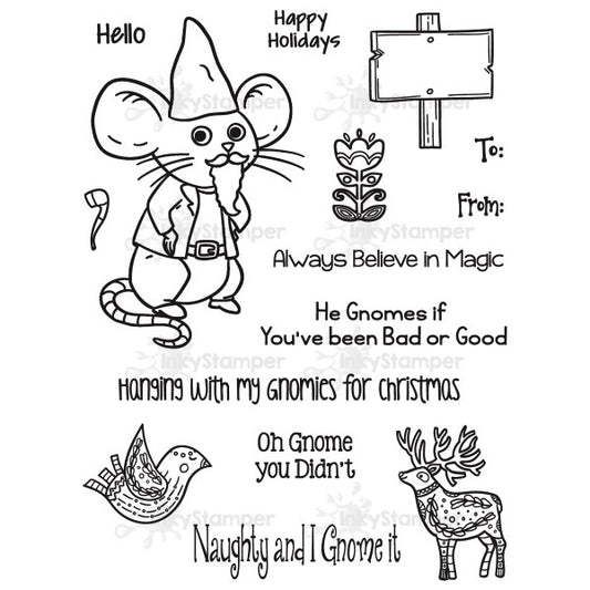 InkyStamper stamp Set of Christmas-themed stamps with a gnome, reindeer, and other elements on a white background.