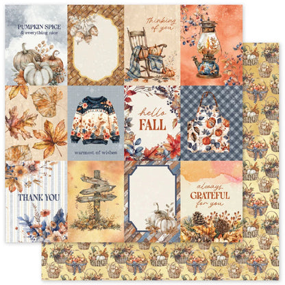 Paper Rose Golden Days Cardstock - A set of autumn-themed scrapbooking papers featuring a patchwork of fall illustrations, including pumpkins, leaves, sweaters, lanterns, and seasonal phrases like 'Pumpkin Spice' and 'Hello Fall'.