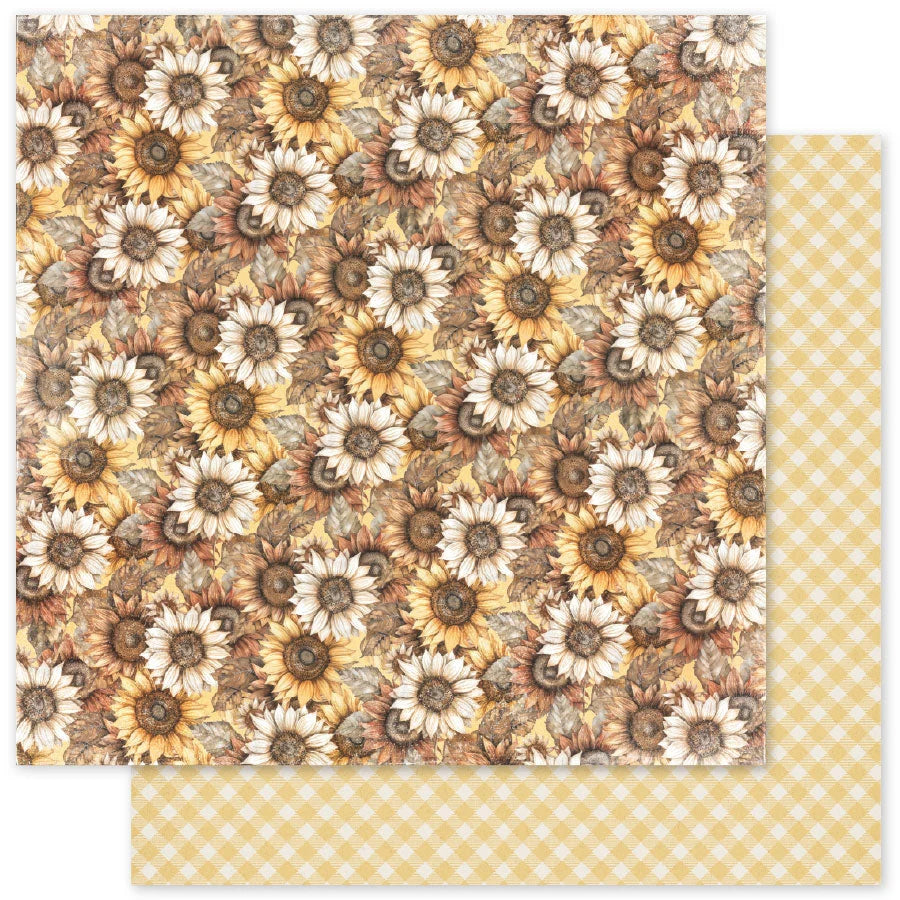 Two sheets of patterned paper, one featuring a dense sunflower print in warm yellow, brown, and cream tones, and the other showing a light yellow and white gingham check pattern.