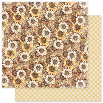 Two sheets of patterned paper, one featuring a dense sunflower print in warm yellow, brown, and cream tones, and the other showing a light yellow and white gingham check pattern.