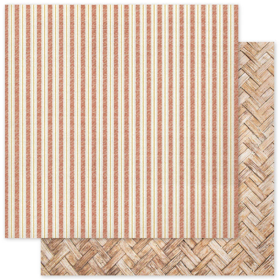 Two square fabric or paper swatches shown overlapping on a white background. The top swatch has narrow vertical stripes in warm beige, cream, and tan, while the bottom swatch shows a woven herringbone pattern in tan and brown tones.