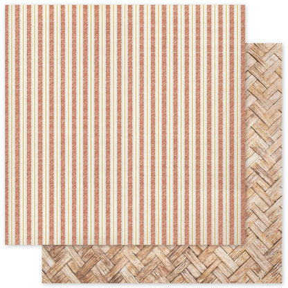 Two square fabric or paper swatches shown overlapping on a white background. The top swatch has narrow vertical stripes in warm beige, cream, and tan, while the bottom swatch shows a woven herringbone pattern in tan and brown tones.
