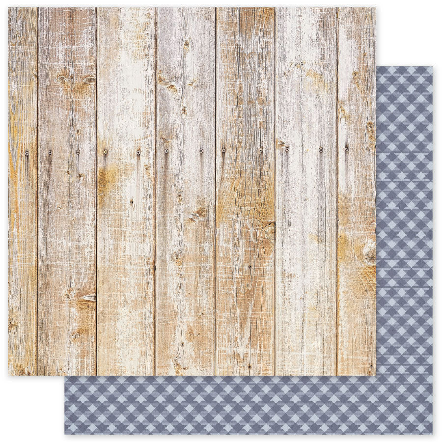 Wooden panel and blue gingham checkered paper